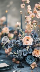  elegant wedding table florals , dark blue, pink tones 