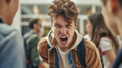 Caucasian high school boy shouting agressiverly at his schol mated experiencing children agression at school as bulling concept