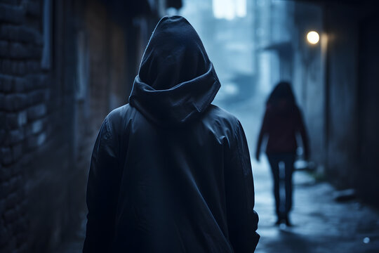 Man in hood following woman at night. Concept for crime, stalking and sexual assault