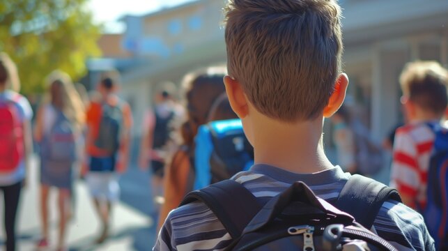 Backview at middle school chlidren with backpacks back to school summer concept