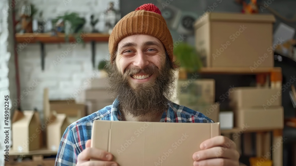 Poster man with beard working at small business ecommerce holding packages smiling with a happy and cool sm