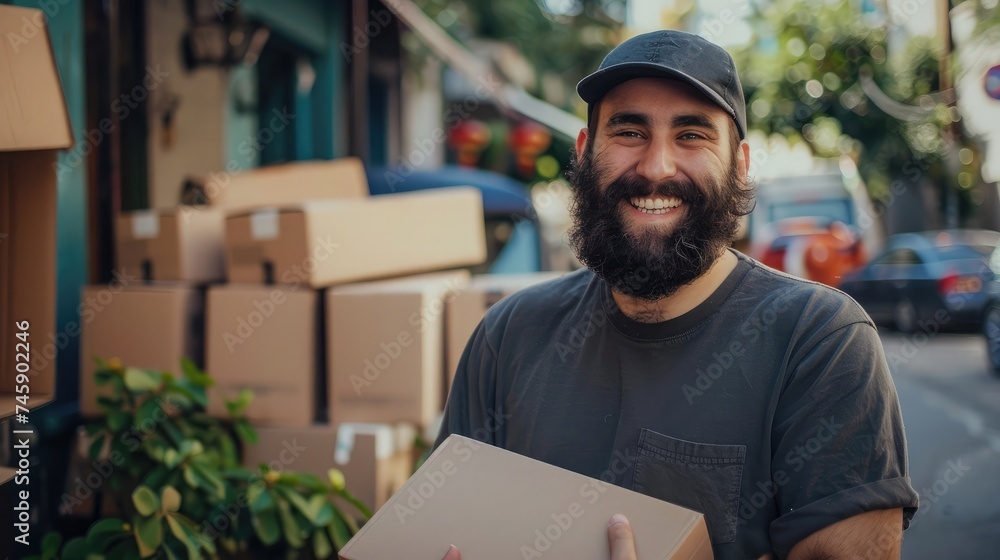 Poster man with beard working at small business ecommerce holding packages smiling with a happy and cool sm