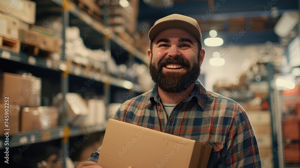 Poster man with beard working at small business ecommerce holding packages smiling with a happy and cool sm