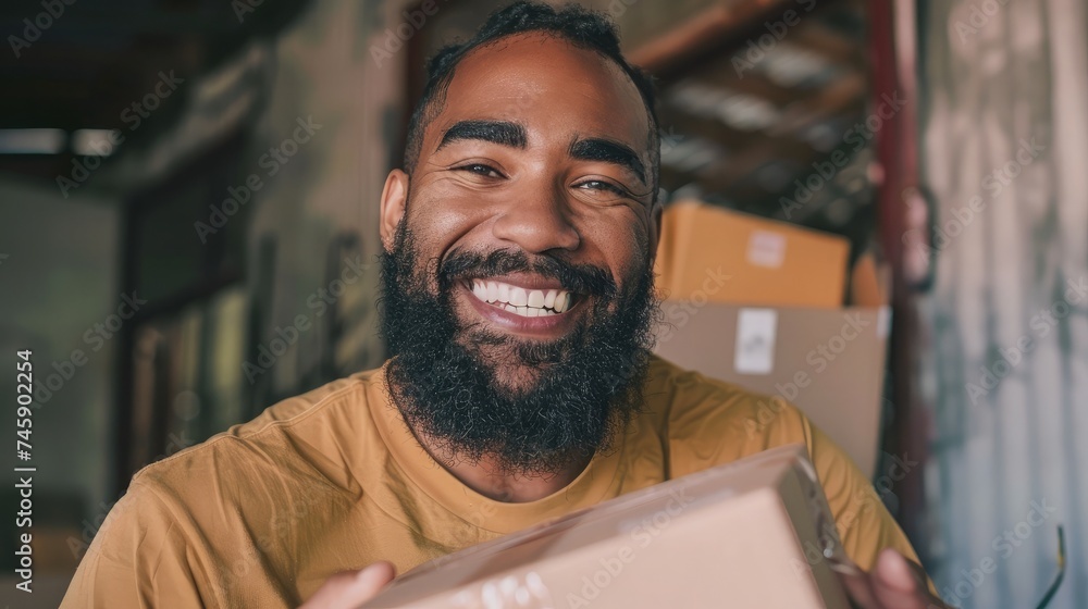Poster man with beard working at small business ecommerce holding packages smiling with a happy and cool sm