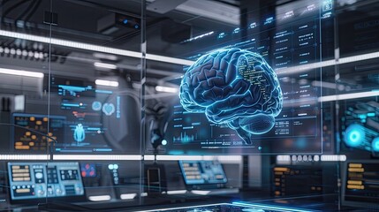 ฺฺBrain research medical technology. Modern Brain Study Laboratory and Monitors EEG Reading and Brain Model Functioning. Futuristic Holographic Interface, Showing Neurological Data.  - obrazy, fototapety, plakaty