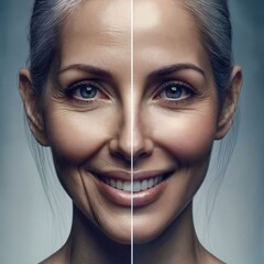 A middle aged woman before and after skin treatment. Cosmetic procedure. Age-related skin changes. Plastic surgery. Puffiness and wrinkles. Skin Lift Dermatology. Revitalization. Generative AI.