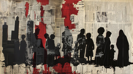 Abstract Urban Collage with Newspaper Print and Silhouettes in Cityscape