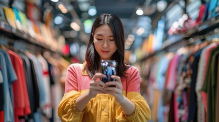 Obraz premium Young asian woman business owner at fashion store using smartphone live streaming for sale fashion clothing. Blogger record video review clothes for sell on social media. Online shopping concept.