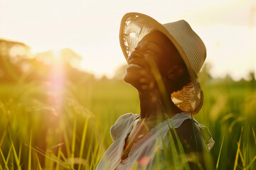 Midaged happy african woman in straw hat standing in the field