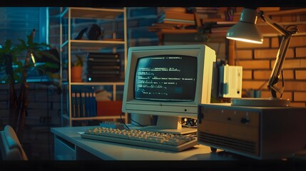Close Up Shot Of Old Desktop Computer On Work Desk Of Software Engineer In Retro Garage. Dated PC Has Operating System Terminal Opened, Prompts Running On Screen, Code Functioning Successfully.