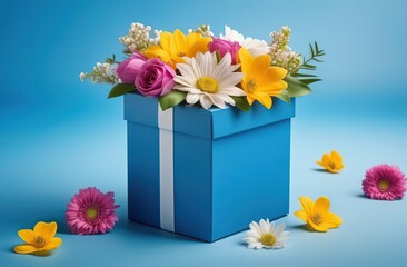 Gift box with various spring flowers on blue background. Flying flowers from the box. Mother's Day idea. International Women's Day, Birthday, Valentine's Day