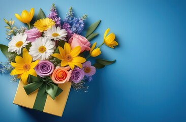 Gift box with various spring flowers on blue background. Flying flowers from the box. Mother's Day idea. International Women's Day, Birthday, Valentine's Day