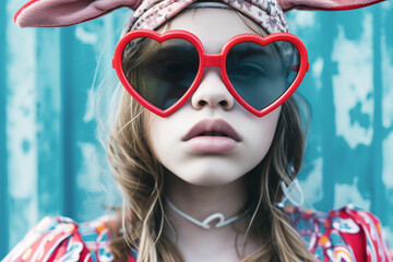 fashionable teen with bunny ears headband and heartshaped sunglasses - obrazy, fototapety, plakaty
