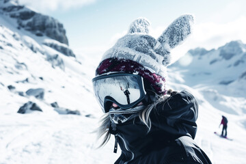 Fototapeta na wymiar snowboarder in bunny beanie, reflecting goggles, on snowy mountain