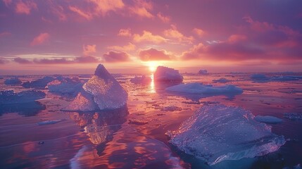 Tranquil Sea and Ice Under a Spectrum Sky: Perfect Horizon with Sunset Colors - obrazy, fototapety, plakaty