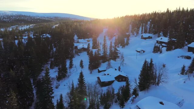Traditional wooden houses on a mountain slope covered in thick layer of fresh white snow, surrounded by grand spar or pine trees during sunset in Sweden, Scandinavia, Europe 