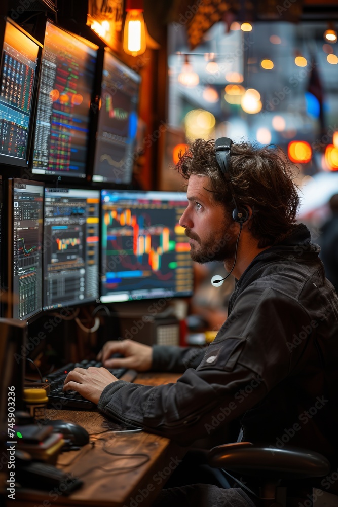 Poster businessman analyzing stock market data on multiple computer screens in a dark office