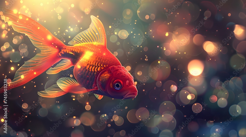 Wall mural Close-up of a beautiful glowing goldfish, bokeh background. digital art