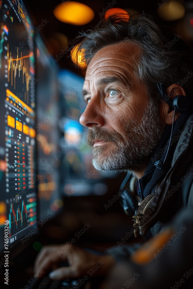 Poster businessman analyzing stock market data on multiple computer screens in a dark office