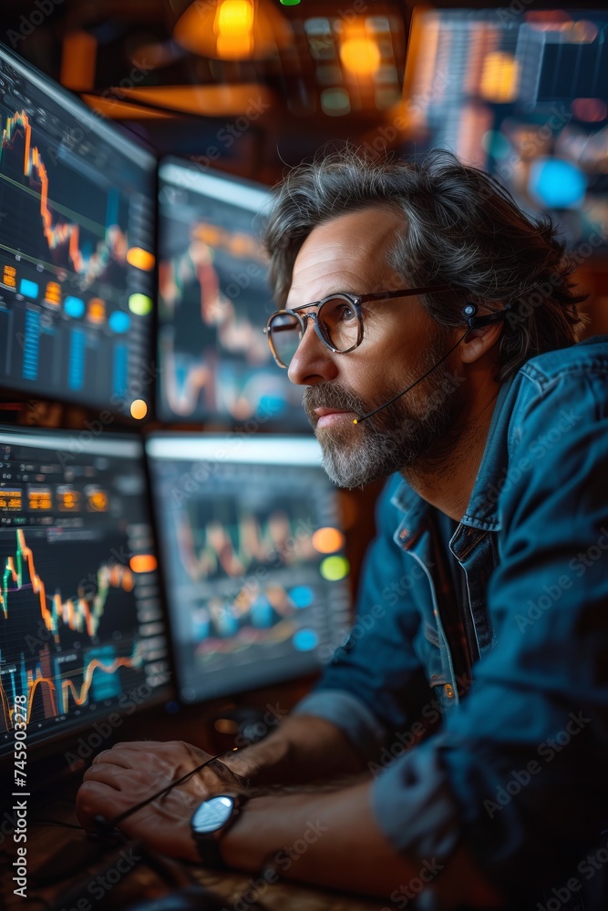 Poster businessman analyzing stock market data on multiple computer screens in a dark office