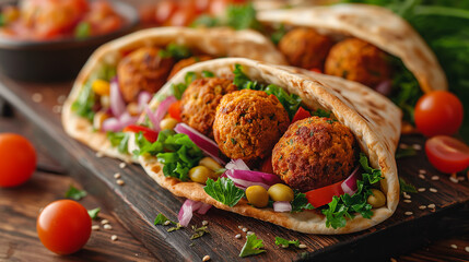 Fresh falafel in pita with veggies and herbs on a wooden board. Delicious homemade falafel pita sandwiches