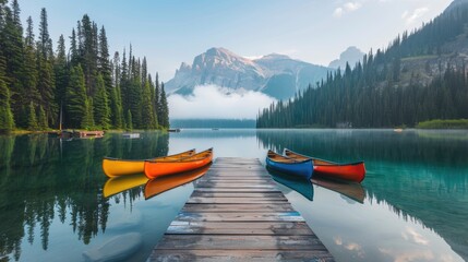 Early Adventure Awaits: Colorful Canoes Ready by Pine-Bordered Lake with Symmetric Mountain Reflection