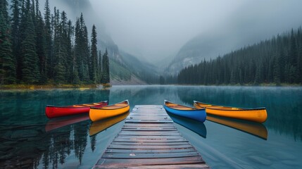Misty Mountain Morning: Crystal-Clear Lake with Canoes on Dock Amidst Pine Trees