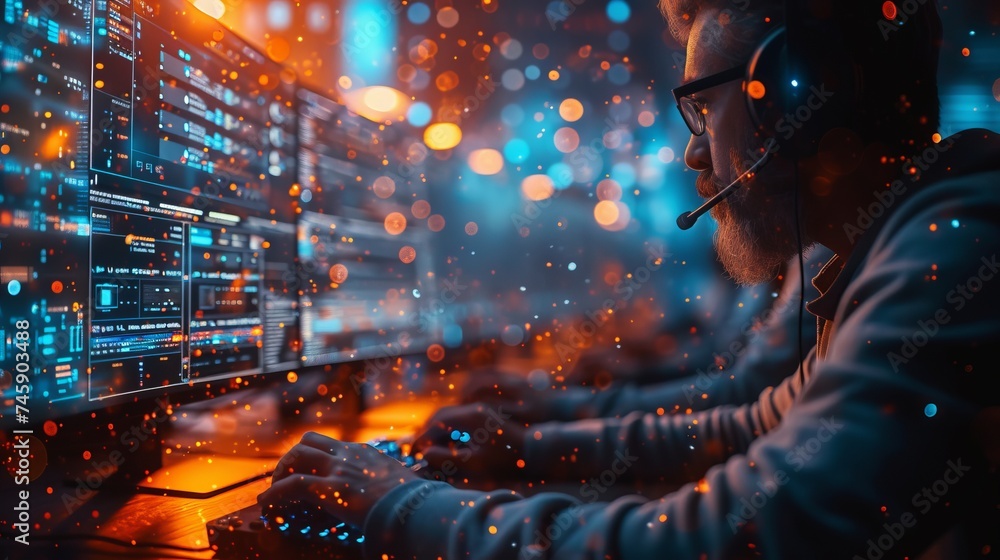 Poster person working at multiple computer monitors in a dimly lit space, showcasing vibrant colors and dat