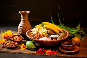 Indian festival akshaya tritiya concept : Decorative kalash with coconut and leaf with floral decoration