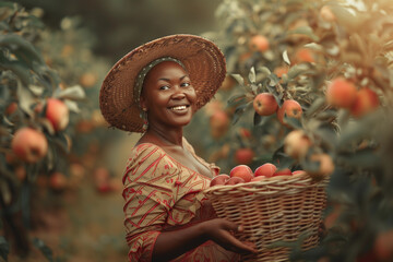 African happy woman modern farmer working on the fruit farm - obrazy, fototapety, plakaty