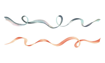 Long twisted satin and silk ribbons in peach fuzz and blue-turquoise colors. Hand drawn watercolor illustration. Set of elements isolated from background.