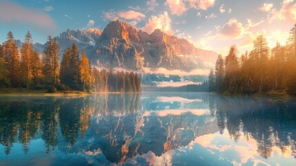 Tranquil Mountain Lake Morning: Sun-Kissed Peaks and Perfect Reflections