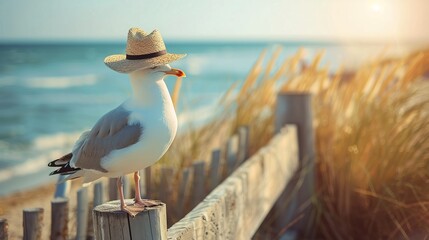 Seagull on the beach sitting on the wooden fence - obrazy, fototapety, plakaty