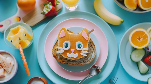 breakfast for child with cat shape sandwich. Funny food for child
