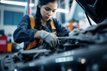 young female mechanic fixing a car in a garage