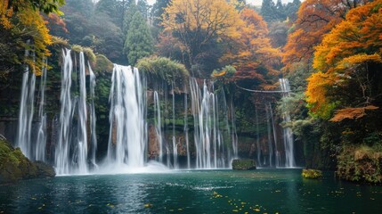 A Cascade of Waterfalls in a Lush Forest with Vibrant Autumn Leaves