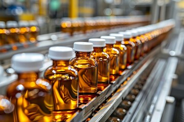 Medical vials on production line at pharmaceutical factory, Pharmaceutical machine working pharmaceutical glass bottles production, without text 