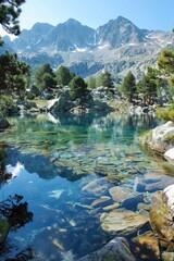Fototapeta na wymiar Pristine Mountain Lake with Ancient Pines and Rugged Mountains