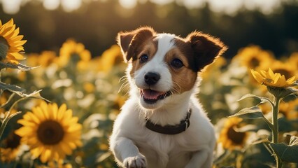 jack russell terrier puppy A joyful Jack Russell puppy frolicking in a field of sunflowers, with butterflies fluttering around   