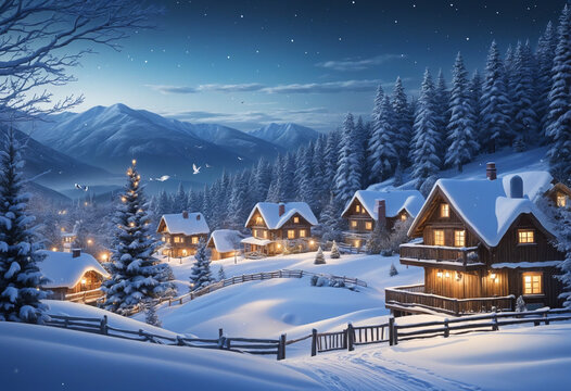 Snowy winter scene in the background, in dark white and blue style, christmas village