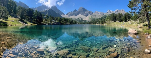 Pristine Mountain Lake with Ancient Pines and Rugged Mountains