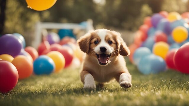 dog with ball A playful puppy dog dashing through a backyard obstacle course, with humorous challenges  