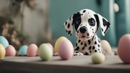 dalmatian puppy with easter eggs A funny little Dalmatian puppy that looks like he just painted some Easter eggs.  - obrazy, fototapety, plakaty