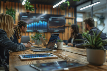 Fototapeta premium Business team meeting in modern room Analyze graphs on screens and laptops. AI Generated