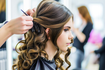 young woman getting hairstyle done for prom night