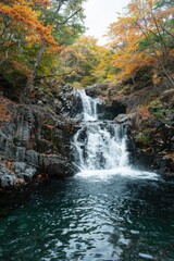 Autumn Blaze and Turquoise Tranquility at a Hidden Waterfall Oasis