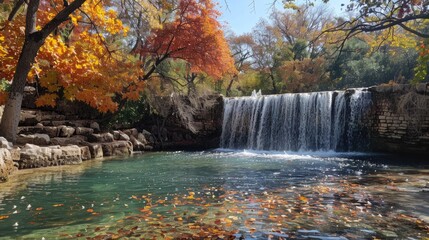 Cascading Water into a Turquoise Pool with Autumn's Fiery Palette