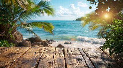 Top of wooden table with seascape and palm leaves, sea and sky bokeh blur against tropical beach...