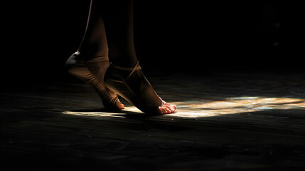 a photo of a ballerina's pointe foot on stage - obrazy, fototapety, plakaty