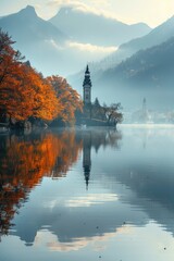 Fototapeta na wymiar Mist-Cloaked Mountains and Autumn Palette at a Lake with Monumental Statue